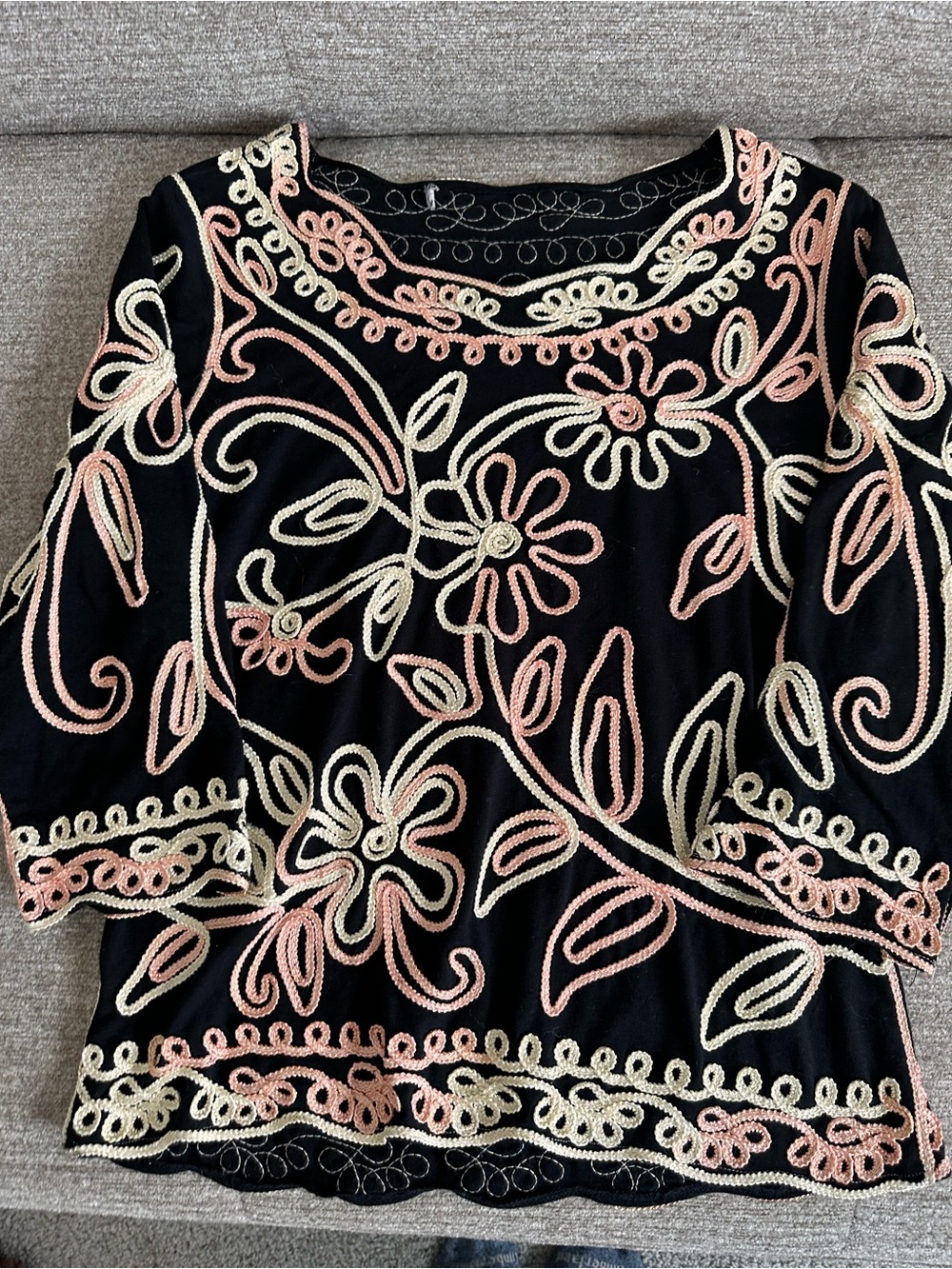 Embroidered Black Women's Top with Pink and Cream Floral Appliqué